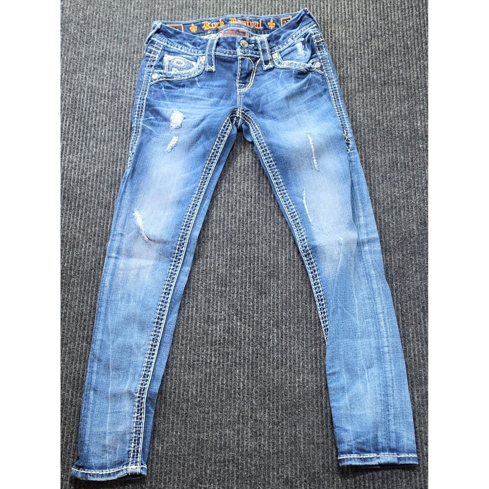 Rock Revival Ankle Skinny Jeans Womens 23 Blue Excellent Sundee Distressed - Picture 2 of 16